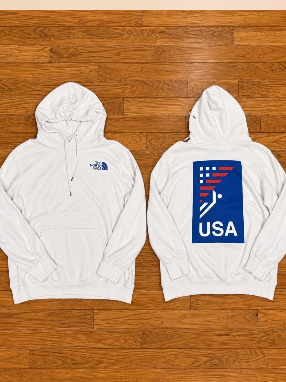 The North Face White Hoodie with Blue and Red USA Graphic